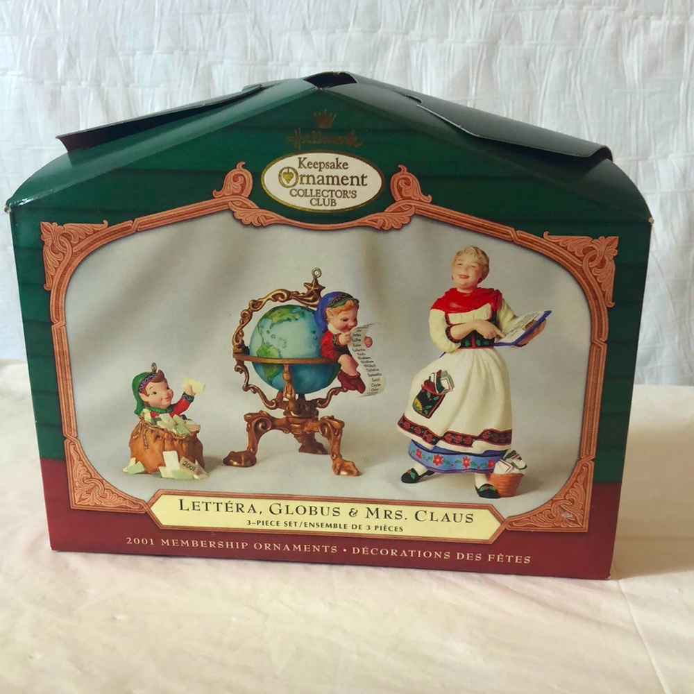Hallmark 2001 membership ornaments elves & Mrs. Claus mint in unopened box.
